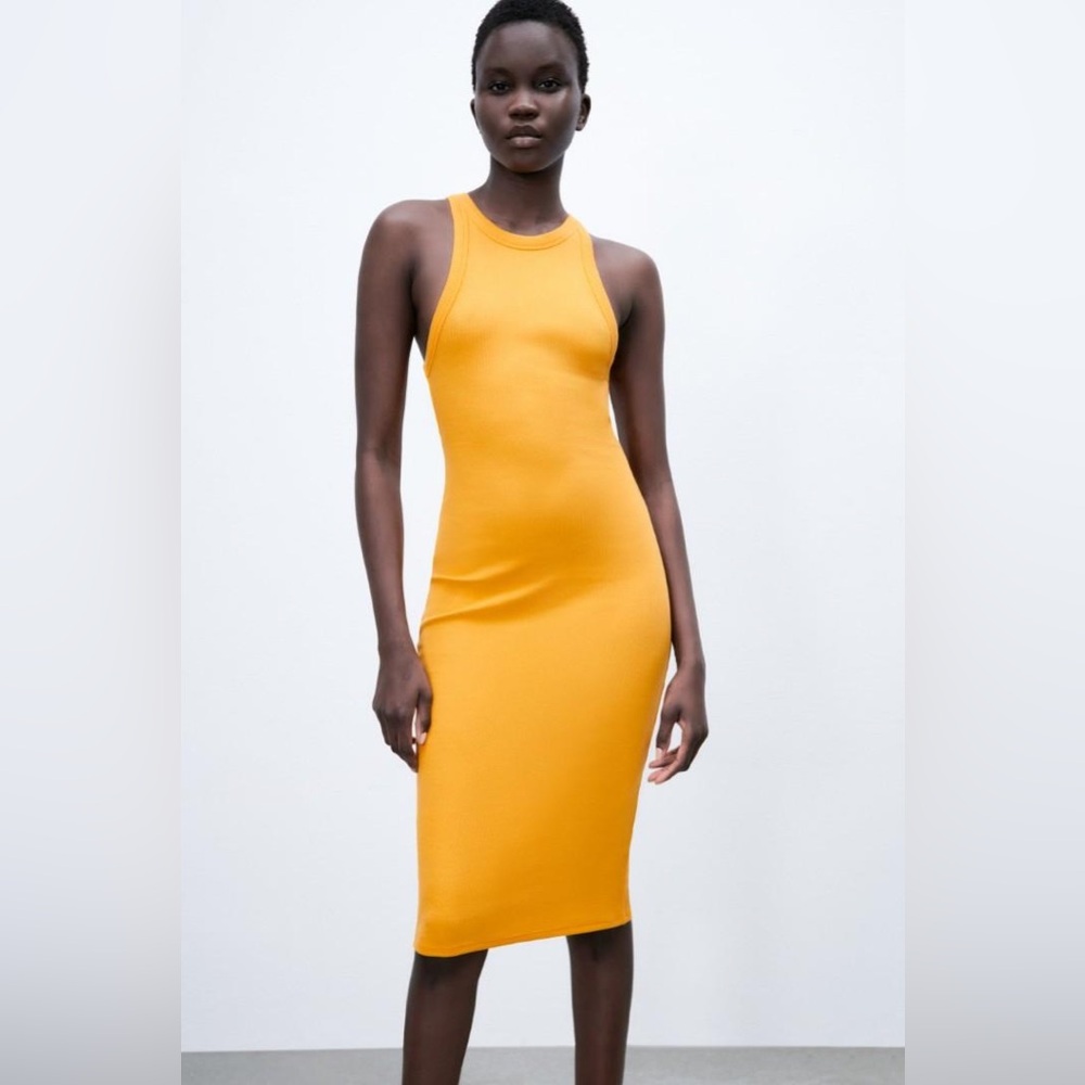 Zara Ribbed Bodycon Midi Tank Dress Tangerine Orange Yellow Size Medium NWT